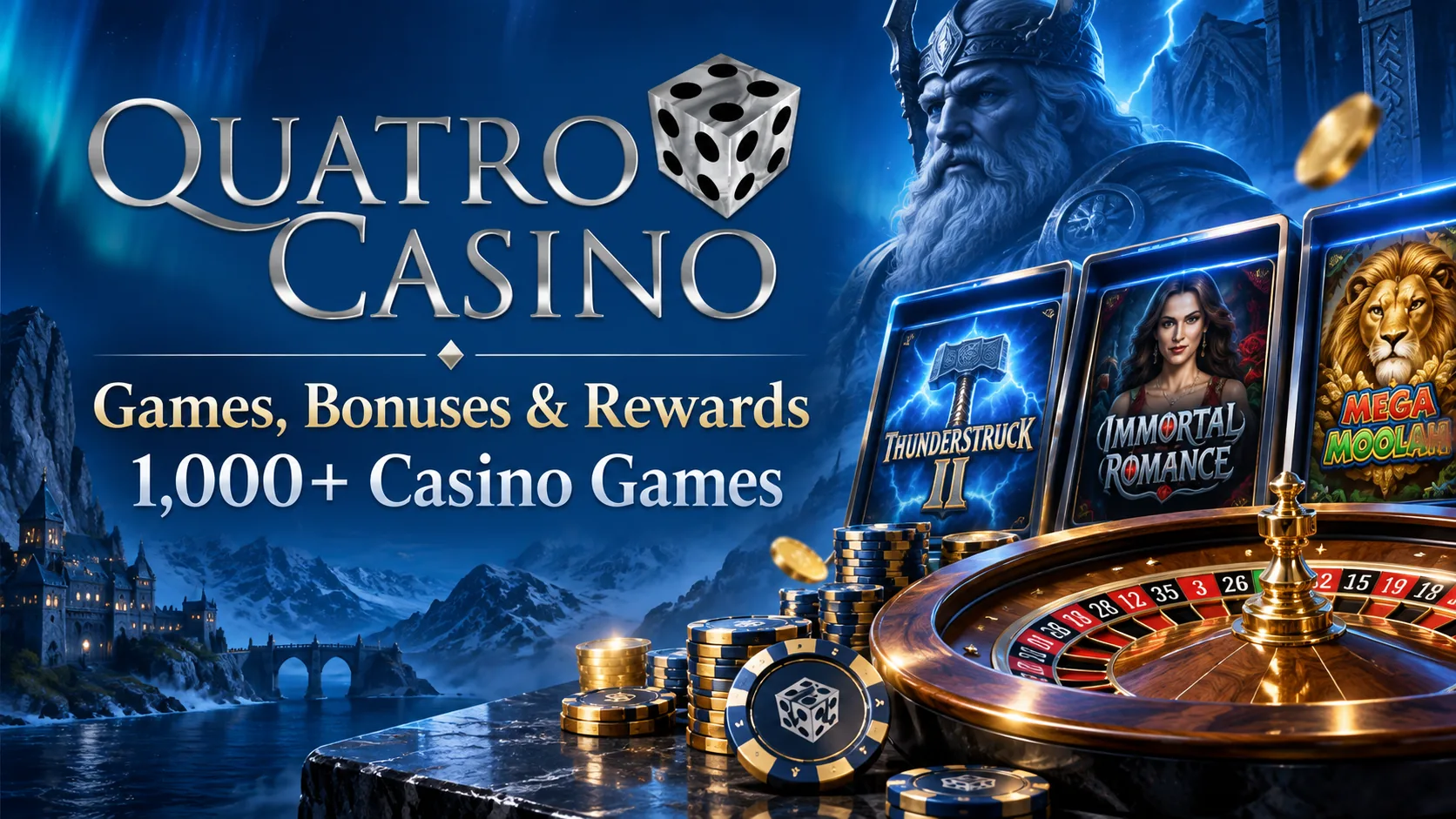 Quatro Casino scene with featured slots, a roulette wheel and northern lights