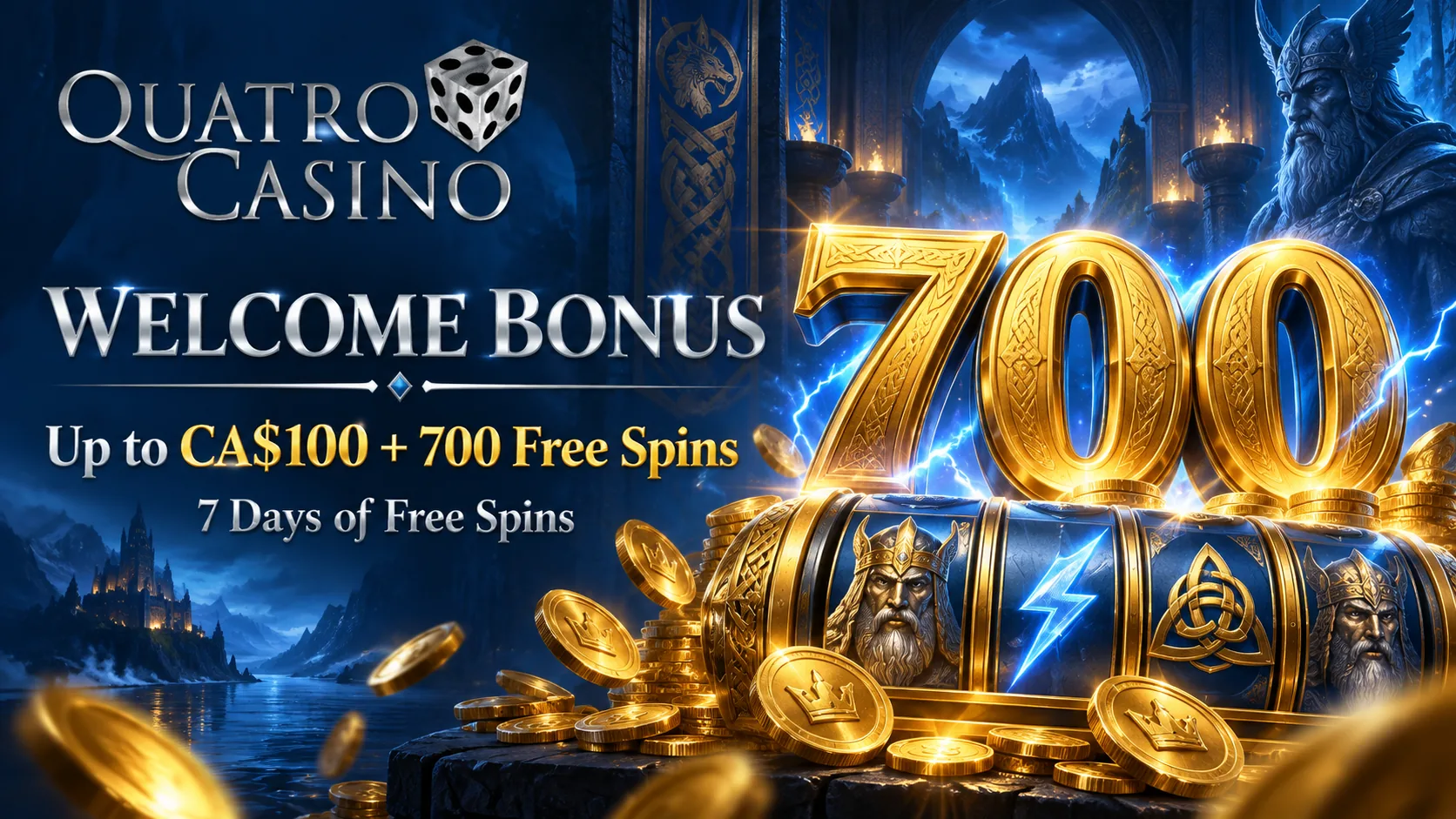 Quatro Casino welcome bonus with up to CA$100 and 700 free spins