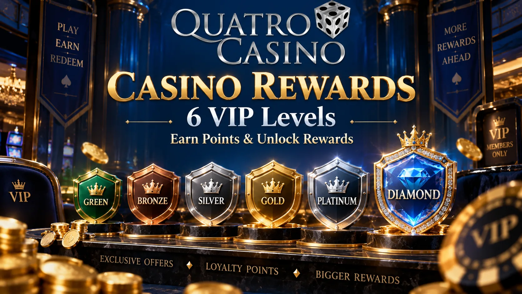 Quatro Casino Rewards shields for Green, Bronze, Silver, Gold, Platinum and Diamond